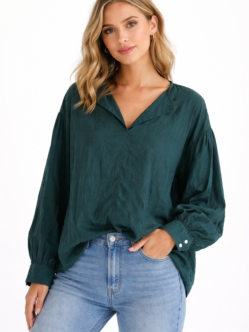 Ann Mashburn Green Cotton Popover Tunic Blouse – Effortless Classic Everyday Top